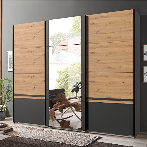 Lomadox Schlafzimmer Schwebetürenschrank mit Spiegel in Graphit mit Artisan Eiche Nb., B/H/T ca. 270/210/64 cm