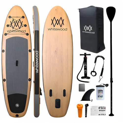 Whitewood Tabla de Paddle Surf Hinchable Sup Premium 11' 335 cm Diseño Madera con Accesorios - Mochila, Remo, Hinchador, Leash - iSUP Inflable, Inflatable Stand up Paddle Board - 180kg