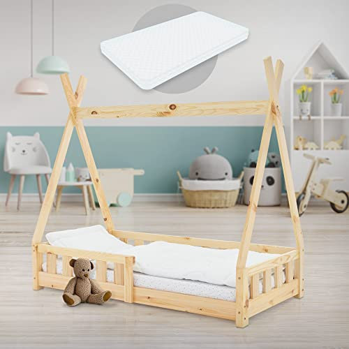 ML-Design Lit Enfant Tipi 70x140 cm Naturel avec Matelas à Mousse Froide Polyester, Housse Amovible, Sommier à Lattes, Anti-Chute, Lit Style Indien en Bois de Pin Massif, Protection Contre Les Chutes