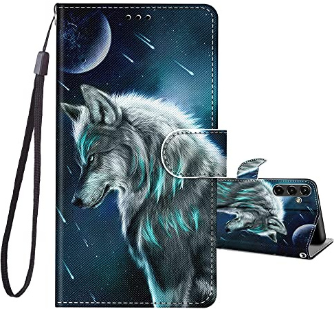 JRIANY Handyhülle für Samsung Galaxy A54 5G Hülle, PU Leder Flip Case Klappbare Lederhülle mit Muster Motiv Schutzhülle Klapphülle Kompatibel mit Samsung A54 5G Tasche - Wolf B