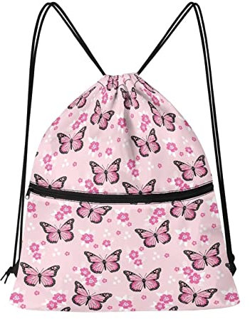HUGS IDEA Sporttasche Beuteltasche mit Kordelzug für Damen und Herren, wasserdicht, für Fitness, PE-Taschen, Basketball, Tragetaschen, rosa Schmetterling (Pink Butterfly), One size