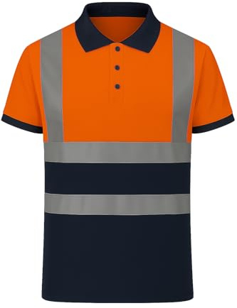 NIYS High Visibility Polo Shirt Men's Short Sleeve Yellow Orange Navy Safety Security Work Breathable Lightweight Workwear Top Reflective Tape Small to 3XL