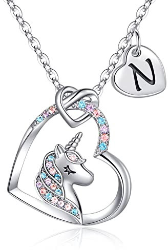 TINGN Einhorn Geschenke für Mädchen - 14 Karat Vergoldet Buchstaben N Kette mit Herz Anhänger - Halskette Schmuck für Tochter