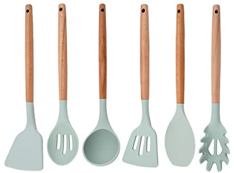 Juego de utensilios de cocina de silicona, utensilios de cocina antiadherentes, mango de madera, utensilios de cocina para hornear, juego de utensilios de cocina verde menta, 6 unidades
