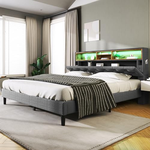 FEZTOY 140x200 Polsterbett Doppelbett mit LED, Bett Bettgestell mit Schrank, Jugendbett mit Bücherregal, Funktionsbett, Kinderbett, Jugendbett, Bettliege, Ohne Matratze