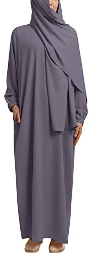 Muslimische Frauen Abaya Einteilige Kapuze Kaftan Robe Gebet Kleid mit Hijab Schal Arabisch Islamische Kleidung, Grau, Medium