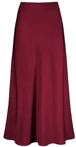 Outoshe Jupe longue en satin taille haute pour femme avec taille élastique dissimulée, coupe trapèze, rouge vin, Taille S