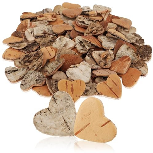 com-four® 200-teiliges Streudeko-Set - Mix aus Herzen und Sternen - Konfetti für Hochzeit & Party aus Birkenholz - Zubehör für DIY-Projekte - Naturholzscheibchen zum Basteln (100x Herz Birkenrinde)