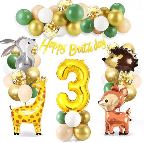 3 Geburtstag Deko Junge Mädchen, Waldtiere Geburtstag Deko 3 Jahr, Dschungel Kindergeburtstag Deko 3 Jahr, Deko 3. geburtstag Junge Mädchen, Safari Ballon Geburtstagsdeko