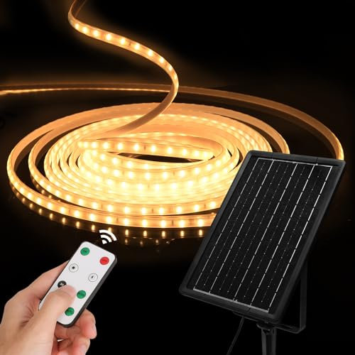 Aigostar Tira LED Solar Exterior 10M con Control Remoto, 100W 600 LEDs Tira LED Exterior Impermeable IP65, Kit de Instalacion para Placa Solar, Jardín, Patio, Camino, Fiesta, Escalera, Luz Calida