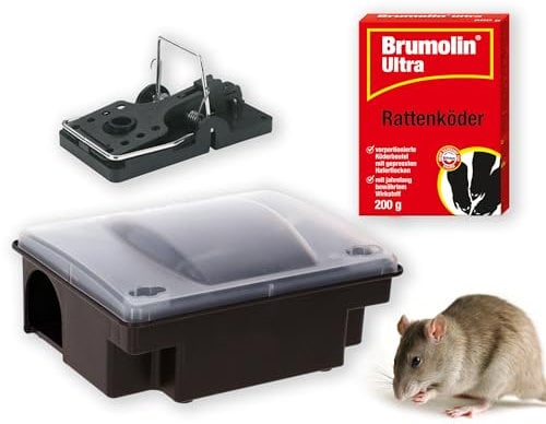 Köderboxen Ratten Maus Set mit Köderstation + Rattenfalle Rattengift Brumolin (Köderstation + Rattenfalle + 200g Rattengift)
