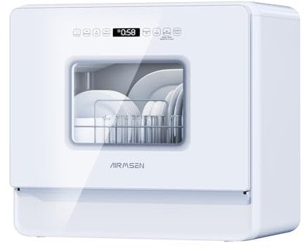 AIRMSEN Tischgeschirrspüler Mini Geschirrspüler mit Weichwasseranlage, 7+2 Programmen & 5L Wassertank, Kompakte Spülmaschine mit/ohne Wasseranschluss, Ideal für Wohnungen Wohnmobil Weiß