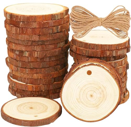 30PCS Rodajas de Madera Círculos 6-7cm, BetterJonny Discos de Madera Rebanada Natural Con 10m Cuerda Maderas Naturales Perforado Con Corteza de Árbol para Adornos de Halloween Navidad Manualidades