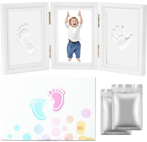 Bizcasa Cadre Empreintes Bébé, Cadre Photo pour bébé Set, Kit Empreinte Pieds et Mains Bebe Support pour 3 Photos, Set Cadeau pour Naissance, Baptême, Baby Party (A1-35x15.5cm)