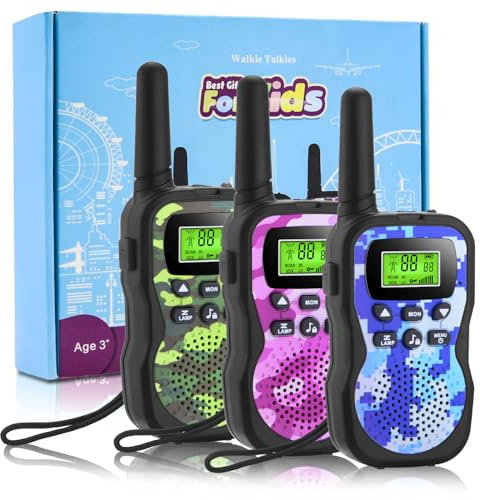 Walkie Talkie für Kinder, Geschenke 3-12 Jahre, Jungen, Mädchen, 3 km Lange Reichweite, Walkie-Talkies mit VOX, LCD mit Hintergrundbeleuchtung, Taschenlampe, Abenteuer im Freien (3 Stück Camouflage)