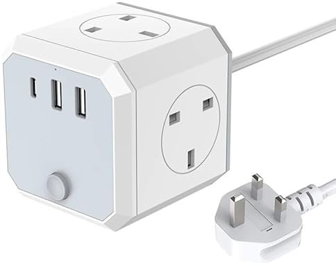 CUBE Extension Lead 4 way Multi plug 1.8M long Cable With 2 USB Slots and 1 C Ports Power Strip, child Safety, multi Plug Extension Cord for Home, Kitchen,Office Accessories, travel, Laptop By SNOORX