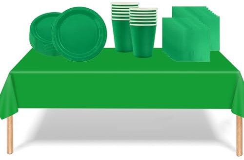 RONGZUBAT 53PCS Green Party Tableware Decorations for Kids Christmas, Disposable Tableware Set with TableCloth, Table Covers, 7inch Paper Plates, Paper Napkins, Cups for Xmas, Birthday