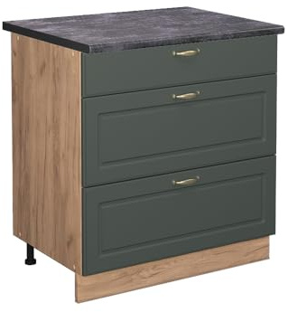 Vicco Küchenunterschrank Fame-Line, Grün-Gold Landhaus, 80 cm | MDF-Front · Arbeitsplatte Anthrazit · Höhenverst. Füße · Metallgriffe · Metall-Vollauszüge