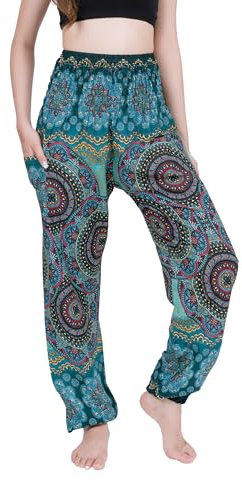 CHAINUPON Haremshose für Damen, Boho, lockere Yogahose, lässig, Bohemian, Hippie, Lounge, Elefant, Pyjamahose, Bohorose Türkis Blau, 12-16