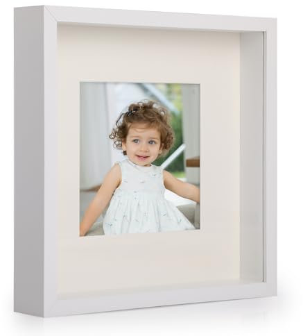 Anhow 3D Bilderrahmen 23x23 cm, Echtglas 3D Bilderrahmen zum Befüllen 3cm Tiefer Objektrahmen mit Beige Passepartout Passend für 13x13 cm Fotos - Weiß