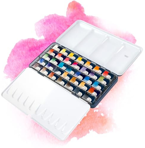 7 Artists Classic Aquarellfarben Rosa Gallery Set 35 x Näpfchen Lebendige Farben, Hochwertige Künstler-Aquarell im Mehrzweck-Metallkasten mit Mischpalette, Künstler Aquarellkasten, Aquarell Malkasten
