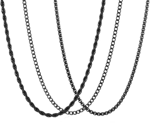 3 Stücke Kette Herren 316L Halskette Herren Geschenke für Männer Junge | Silber Gold Schwarz Edelstahlkette Panzerkette Chain Kordelkette Cuban Chain Breit 2/3/4/5/6mm Lange 45/50/55/60cm