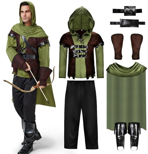 Joellfuner Robin Hood Kostüm Herren, Mittelalter Jäger Kostüm, Robin Hood Kostüm mit Pfeiltasche, Gürtel, Stiefelüberzüge, Handgelenkschoner, Bogenschütze Männer Outfit Set für Dress Up Party (L)