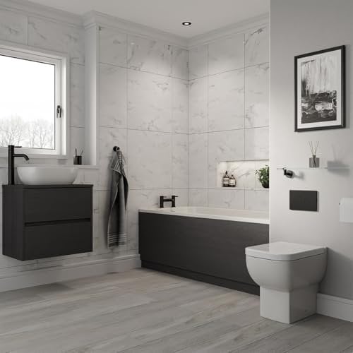 Wholesale Domestic Alford 1600mm Steel Straight Single Ended Bathroom Suite including Matt Black Flush Plate Back to Wall Toilet and Graphite Grey Vanity Unit with Countertop Basin