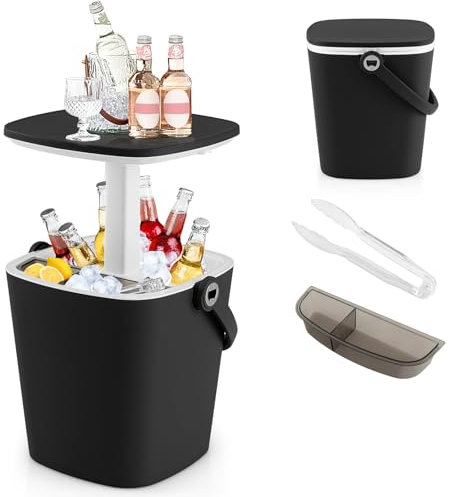 GYMAX Cool Bar mit Griff, tragbarer 15 L Bier- & Weinkühler mit Eiszange & Flaschenöffner, 3-in-1 Beistelltisch mit Innenfach inkl. Kühlbox-Funktion, Getränkekühler für Terrasse & Party (Schwarz)