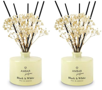 TIENDIFY - Mikado Difusor con Varillas 40 ml Ambar Perfums – Flor Decorativa – Diseño Black & White – 0% Alcohol +45 Días de Fragancia para Hogar y Oficina (2 Unidades, Flor DE Mimosa)