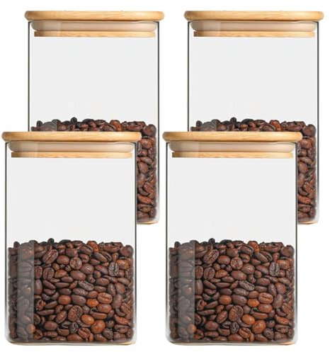 Pykrudo Lot de 4 bocaux de rangement en verre avec couvercle hermétique en bambou, 1150 ml, boîtes de cuisine carrées en verre transparent pour le stockage des grains de café, des produits secs, des