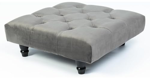 Kiswa collection Chesterfield Footstool - Plush Velvet Upholstered Pouffe with Wood Legs, Elegant Coffee Table Footrest, Matching Buttons, Stylish Home Decor (Gray, 25D x 60W x 60H cm)