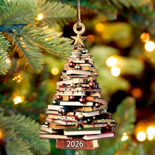 Regalos para amantes de los libros, decoraciones de Navidad, acrílico, divertido adorno de libro de árbol de Navidad, ratón de biblioteca y regalo bibliófilo para mujeres y hombres, lectores