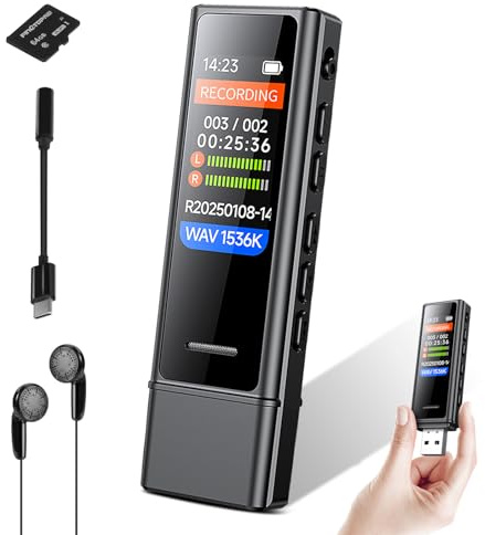 Snorthy 64GB Digital Voice Activated Audio Recorder, HD Dual MIC Dictaphone with Noise Reduction Portable USB-C Tape Recording Device with 1.47 Color Screen & External Headphones, MP3 Player