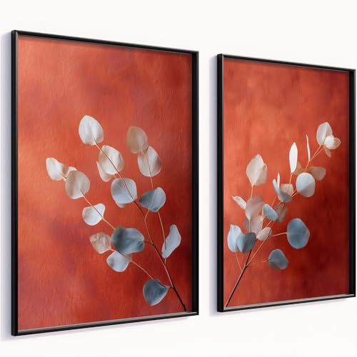 MJ-GRAPHICS® Poster Set Rostrot Eukalyptus 2er Set A4 cm Kunstdrucke mit Rahmen modern Wandbilder Boho Stil Wohnzimmer Schlafzimmer Bilder Deko Orange Rot Braun