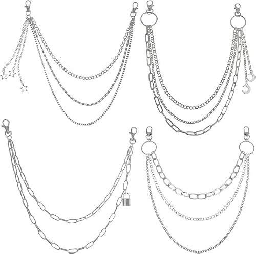 TenaLucy 4 Stück Hosenkette Herren, Gürtelkette Gothic Punk Schlüsselkette | Hosenkette damen Silber, Edelstahl Hosen Kette Doppelschicht Hip Hop Jeanskette Punk/Goth Accessoires für Alle Hosenarten