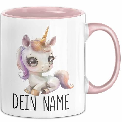 Einhorn Tasse mit Namen – Personalisierte Tasse Geburtstag Geschenkidee süßes Einhornmotiv Niedlich Verspielte Namenstasse (Rosa)