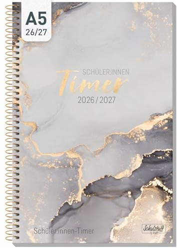 Häfft Schulstuff Schüler:innen-Timer 2026 2027 A5 Grey Marble | Schülerkalender mit Spiralbindung für flaches Aufliegen & flexibles Umschlagen - Hausaufgabenheft, Schülerplaner