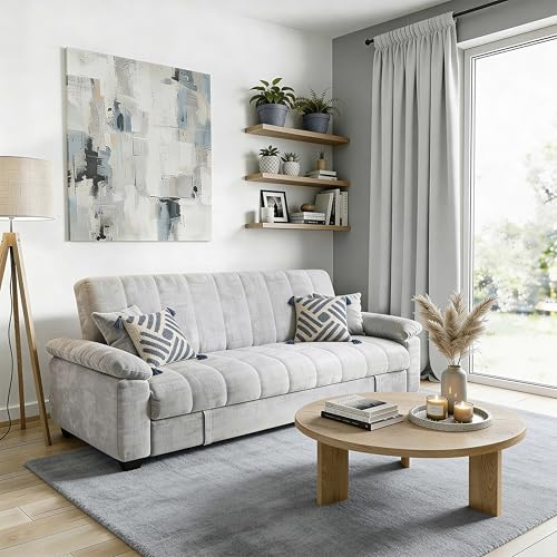DAKO® 3-Seater Sofa Bed VERONICA with Storage – Pull-Out Sleeper in Cream or Grey – Modern Upholstered Sofa for Living Room or Guest Room – Compact & Comfortable Design (Grey)