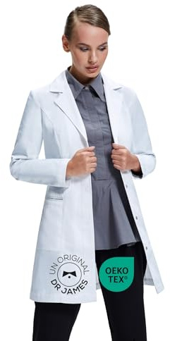Dr. James Premium Tailored Lab Coat for Women, Slim Fit, Concealed Press Stud Fastening, Two Hip Pockets, 33 Inches Length, OEKO-TEX® Certified Fabric