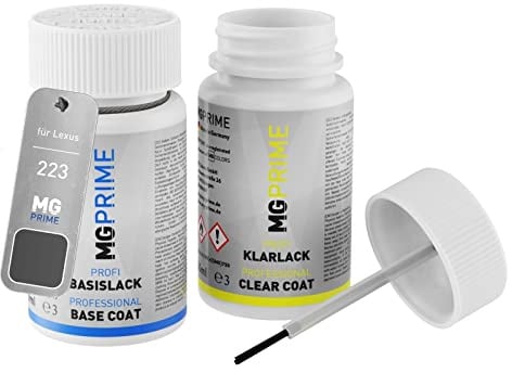 MG PRIME Stylo de retouche pour Lexus 223 Graphite Black GF + vernis | Caviar Pearl Metallic, Peinture voiture, Kit peinture de base + vernis, flacons de peinture avec pinceau, 50ml chacun