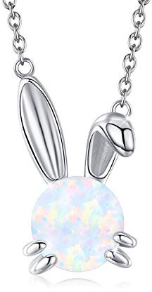 JUSTKIDSTOY Bunny Necklace 925 Sterling Silver Cute Rabbit Pendant Necklace Jewelry Gifts for Women Girls Rabbit Lover, 18mm, Sterling Silver, Opal