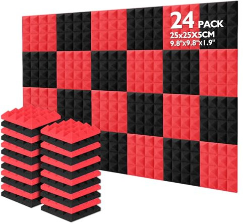 AGPtEK Acoustic Foam Tiles, 24 Packs Soundproof Studio Foams 25x25x5CM Red and Black Pyramid Acoustic Panels Home Studio Sound Treatment, for Recording Studio