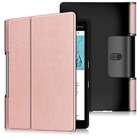 LMFULM® Hülle für Lenovo Yoga Smart Tab YT-X705F (10,1 Zoll) Tri-Fold PU Lederhülle Schlanke Leichte Smart Case mit Ständer Schutzhülle Flip Cover Rosegold