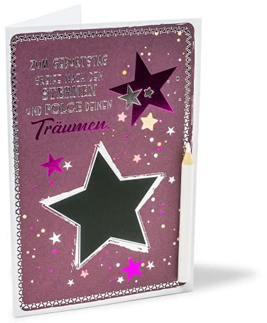KE - Individuell Beschriftbare Geburtstagskarte mit Tafelfolie, Coole Motive, Inkl. Umschlag, 17x11.5cm - Motiv: Stern