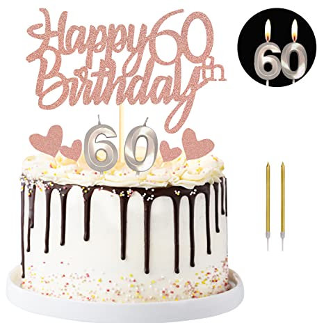 Sumerk Happy 60th Birthday Cake Topper with Number 60 Birthday Candles Heart Cupcake Toppers Cake Decorations Set for 60th Birthday Anniversary - Pack of 17