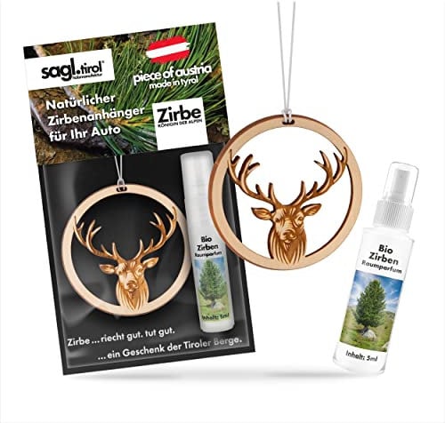 sagl.tirol Auto Duft aus Zirben Holz [100% Bio] inkl. Zirben Raum Parfüm 5ml I verschiedene Motive I natürlicher Auto Duftbaum I Auto Duft Innenraum I Auto Lufterfrischer I Autoduft I Hirsch