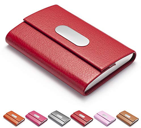 FACATH Porte cartes de visite pour femme, en cuir synthétique et acier inoxydable, porte-cartes en métal, porte-carte fin, porte-cartes de visite pour homme et femme avec fermeture magnétique - Rouge