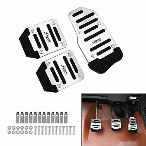 Auto Pedal Set Bremse Fußbett Fußstütze Pedale Abdeckplatte Manuelles Pedal Set Schaltgetriebe Gas Bremspedal Autopedal Universal Aluminium Rutschfeste Bremsfußpedale für Manuell Auto, 3pcs, Silber