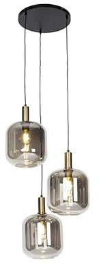 Qazqa - Design Hängelampe I Pendellampe I Pendelleuchte schwarz mit Gold I Messing mit Rauchglas 3-flammig - Zuzanna I Wohnzimmer I Schlafzimmer - Rund - LED geeignet E27